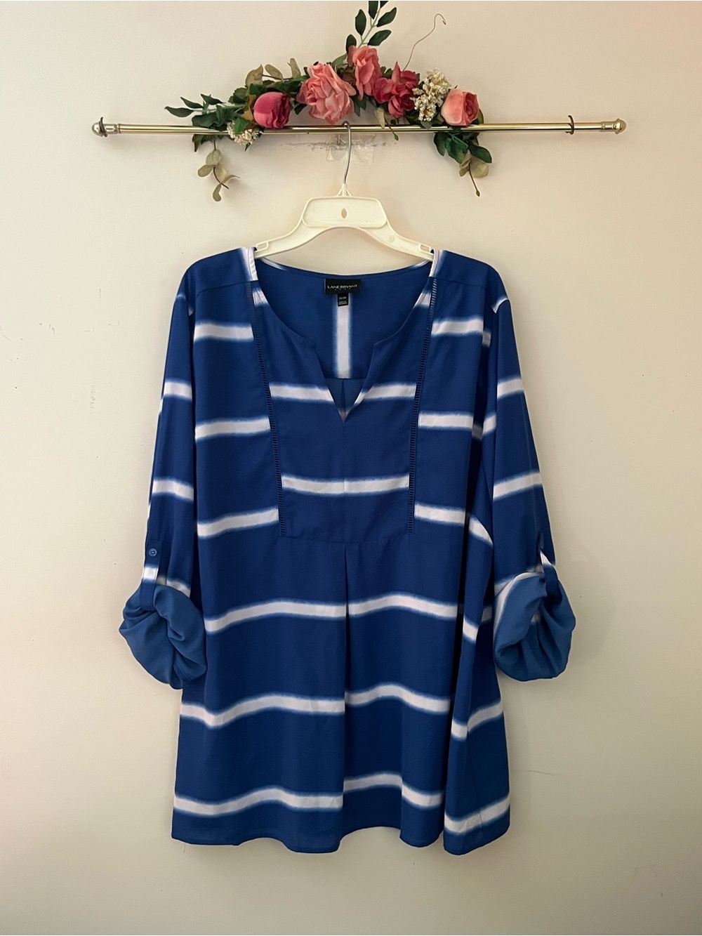 Lane Bryant Blue and White Striped V-Notch Tunic